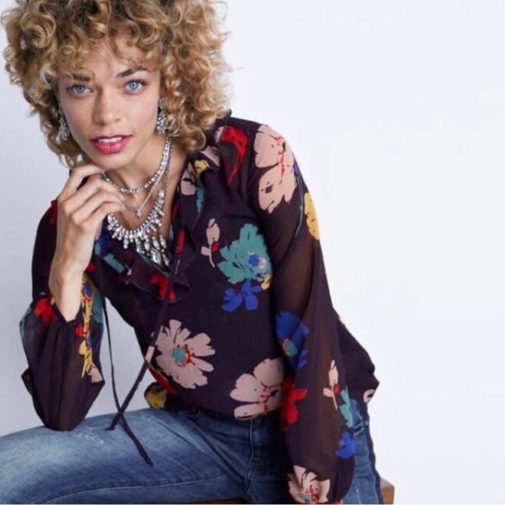 CAbi Juliet Blouse Style 3859 Floral Print Women Plum Top Sheer Ruffle Collar S - Picture 2 of 13